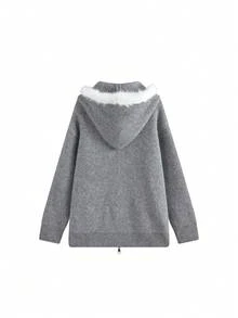 Jaket Kardigan Rajut Berkerudung Bulu Warna Abu-abu untuk Wanita, Potongan Longgar, Melangsingkan, Lembut dan Nyaman, Musim Gugur - Grey - View 9