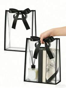 12pcs/Pack - Clear Gift Bags With Black Edge And Satin Bow; Reusable Clear PVC Tote Bags; Perfect For Wedding, Bridal Shower, Birthday Gift Wrapping, Baby Shower And Luxury Gift Packaging; Also Suitable For Floral Display In Boutiques (Multiple Colors Available) - Transparent Gift Bag With Black Trim (including Ribbon) - View 1
