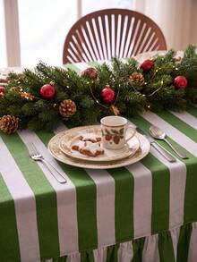 1pc Green And White Classic Wide Striped Tablecloth, Traditional Country Style, Rectangular With Scalloped Edge And Pleated Details, Stain-Resistant Protective Table Cover, Suitable For Christmas, Family Gatherings And Winter Holiday Dining Room Decor - Green - View 4