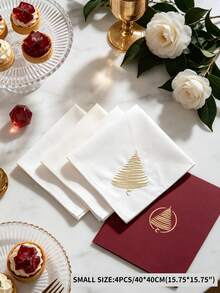 1pc/2pcs/4pcs 100% Polyester Golden Christmas Tree Embroidered Cloth Napkin, White Square Table Napkin For Christmas Dinner Party Home Table Decor - Multicolor - View 7
