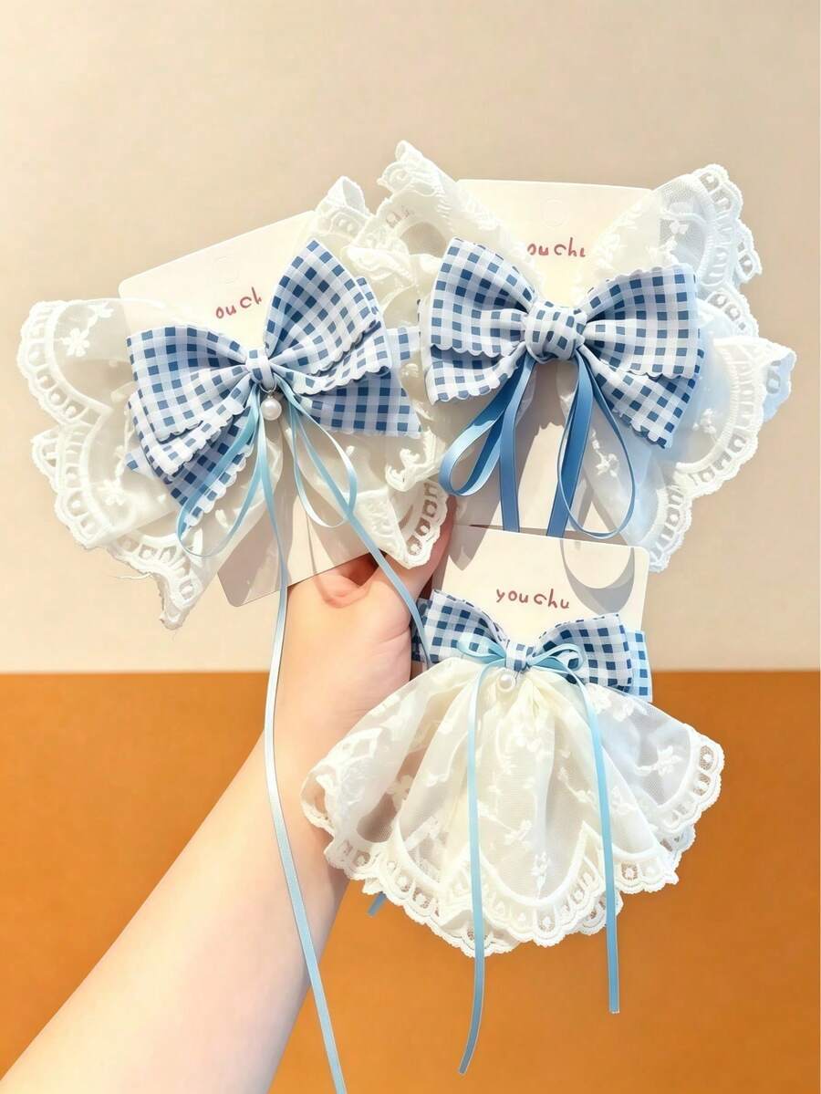3pcs Ladies Gingham Lace Bow Hair Clips, Blue Plaid Bowknot Barrettes With Long Ribbon, Sweet Vintage Style Hair Accessories For Daily Dating Party - Multicolor - View 1