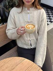 Women's Casual Elegant Vintage Button Design Knitted Cardigan Sweater, Suitable For Office Work And Daily Wear - Apricot - View 4