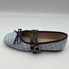 Elegant Women's Tweed Slip-On Flat Shoes, Square-Toe Formal Shoes With Bow Embellishment And Double Strap Design With Buckles - Blue - View 3