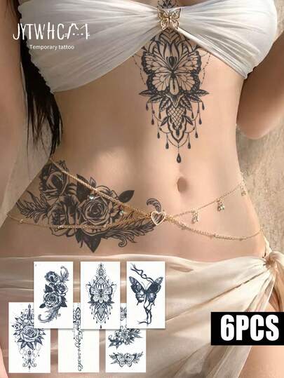 6Pcs Long Lasting Herbal Temporary Tattoo, Plant Ink Vintage Gothic Large Torso Stickers With Butterfly, Rose, Mandala Lotus Patterns, Delicate Line Art Water Transfer Body Art Stickers For Women, Party And Daily Wear.