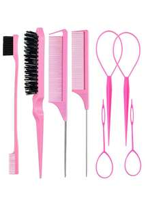 8pcs/2pcs Pink Hair Comb Set, Includes Comb, Hairline Brush, Eyebrow Brush, Rat Tail Comb, Metal Pin Comb And Braiding Tool, Suitable For Curly Hair, Braiding And DIY Styling, Unisex - Multicolor - View 11