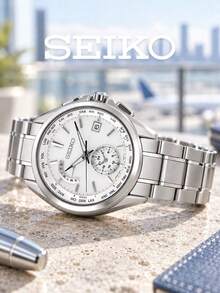 Men's SEIKO Quartz Watch, Solid Stainless Steel Bracelet, White Textured Dial, Day & Date Display, Business Travel Multi-Time Zone Wristwatch - Silver - View 6