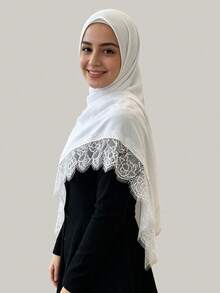 1pc Women's Solid Lace Trim Patterned Headscarf, Boho Multi-Functional Shawl, Elegant Simple Fashion Versatile, Lightweight Breathable, Daily Wear - White - View 11
