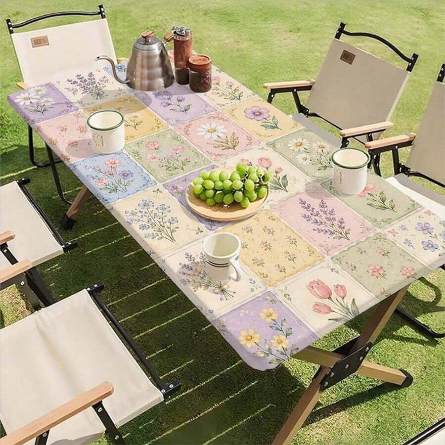 1pc Outdoor Tablecloth - Elastic Design, Floral Pattern Outdoor Elastic Tablecloth, Rectangular Table Cover, Perfect For Camping, Picnic And Garden Party, With Elastic Edge, Suitable For BBQ - B - View 1