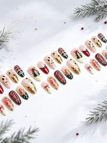 10pcs Handmade Christmas Press-On Nails, Almond Shape 3D Gingerbread Man Christmas Tree Cookie Sock Bow Cake Embossed Design, Reusable Fake Nails, Suitable For Holiday Parties - Multicolor - View 2