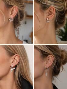 Yanxyad Punk Silver Tone Earring Set, Spiked Heart Hoop, Star Dangle & Hollow Star Stud Earrings, Gothic Cool Statement Jewelry For Women - Silver - View 4