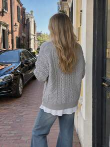 New Autumn/Winter Women's Casual Minimalist Cable Knit Cardigan Sweater Jacket - Light Grey - View 3
