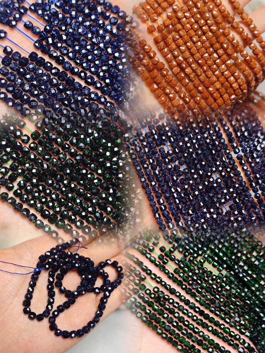 Brown Goldstone/Blue Goldstone/Green Goldstone Diamond Cut Flash Loose Cube Beads - Suitable For Jewelry, Bracelet, And Necklace Making Additions