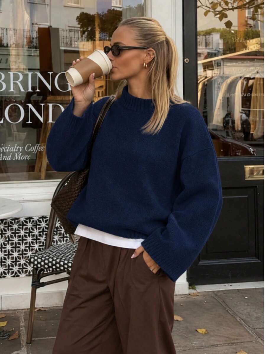 Atasan Rajut Lengan Panjang untuk Wanita, Model Baru Musim Gugur/Musim Dingin, Gaya Lembut dan Longgar, Sweater Pas Badan - Royal Blue - View 1