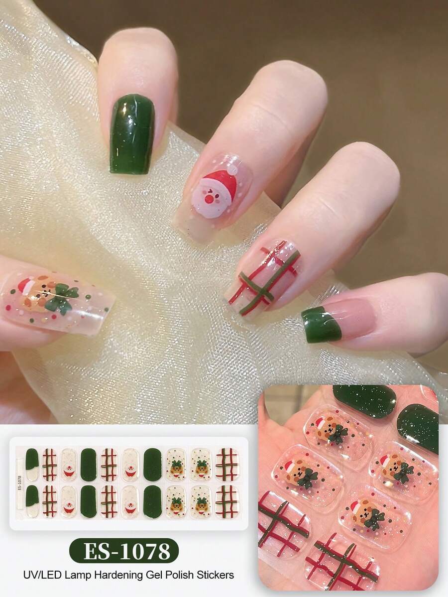 Christmas Semi Cured Gel Nail Strips, 20Pcs Long Lasting Salon Quality Wraps, Easy Apply & Remove Gel Nail Stickers With UV Light