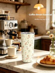 Valentine's Day 1pc/5pcs 20oz Stainless Steel Large Capacity Car Cup Couple Water Bottle, Autumn/Winter Insulated Coffee Mug, Light Purple Floral Print, Highly Attractive Portable Water Bottle Suitable For Office And Car, Valentine's Day Gift For Her, Iced Coffee Oat Milk - Multi-color - Fresh Flower - View 2