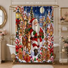 1pc/4pcs Gingerbread Town Santa Claus Pattern Multi-Functional Bathroom Decor Shower Curtain Set, Free 12 Hooks, Premium Holiday Atmosphere, Bathroom Mat, U-Shaped Bath Mat And Round Toilet Lid Cover, Suitable For All Occasions, Bathroom Set - Gingerbread Town Santa Claus - View 12