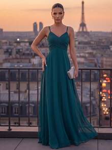 Gaun Malam Elegan Seksi dengan Tali Bahu Tipis, Leher V, dan Punggung Terbuka, Gaun Pernikahan Musim Gugur yang Kasual dan Chic - Teal Blue - View 9