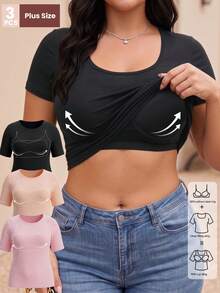 3pcs Plus Size Women's Built-In -Shirts, Solid Color Crew Neck Short Sleeve Thick Lining Basic Style, Wireless Bandeau Innerwear - Multicolor - View 1