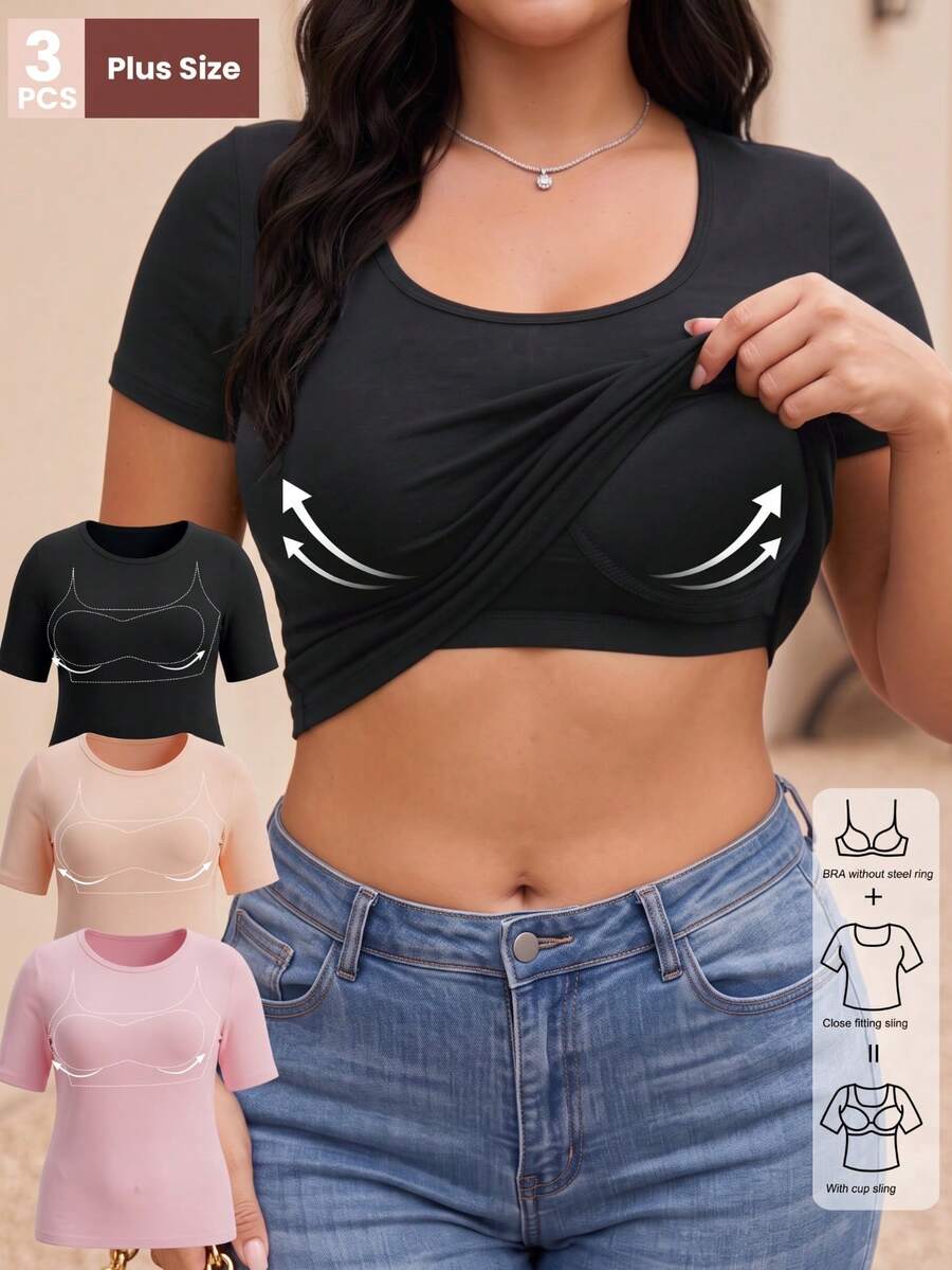 3pcs Plus Size Women's Built-In -Shirts, Solid Color Crew Neck Short Sleeve Thick Lining Basic Style, Wireless Bandeau Innerwear - Multicolor - View 1