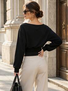 Women's Autumn Boat Neck Long Sleeve Top, Dropped Shoulder Lantern Sleeve Waist-Cinching Slim Fit Cropped Blouse - Black - View 2