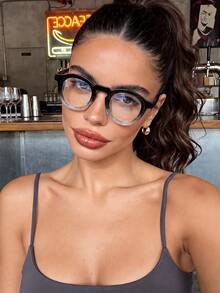 1 Pair Women's Round Gradient Color Personalized Versatile Plain Lens Glasses, Suitable For Clothing Matching, Computer Use, Phone Use, TV Watching, Fashion Campus Style - Black On Top and Transparent On Bottom - View 3