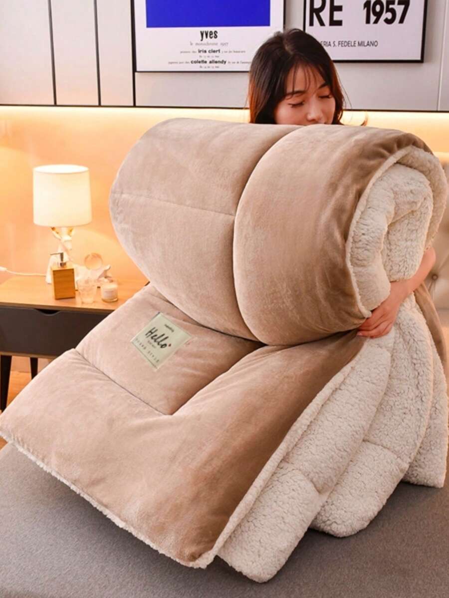 豪華加厚冬季羽絨替代填充絎縫被,絎縫床上用品,四季舒適絎縫被,柔軟微纖維填充,純色絎縫被,適合所有季節,可機洗 - 理想用於臥室、酒店和客房(不含枕套)返校季;學校用品,宿舍床上用品 - 駝色 - 查看 1