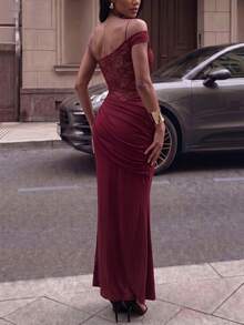 Women Chic New Off Shoulder Sheer Lace Back Draped Ruched Side Bodycon Mermaid Maxi Dress Elegant Evening Party Cocktail Wedding Guest Prom Outfit - Burgundy - View 4