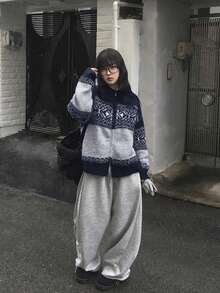Cardigan Rajut Fair Isle Motif Salju dengan Resleting, Jaket Sweater Longgar Kasual Vintage yang Lembut dan Nyaman - Navy Blue - View 3