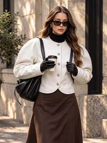 Fall Vintage Round Neck Star Gold Button Cropped Jacket, Elegant White Crop Coat, Versatile Outerwear For Fall Winter - Apricot - View 3