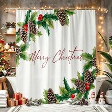 1件裝聖誕莓果花卉與Merry Christmas圖案浴簾，復古設計，防水，適用於浴缸隔簾，浴室裝飾與配件，聖誕裝飾，居家裝飾禮品，附12個掛鉤 - 彩色 - 查看 9