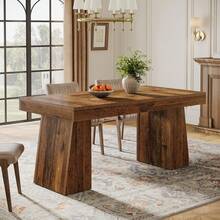 LITTLE TREE 140cm Rectangular Wood Dining Table For 4 People Mid Century Modern Dinner Table With Double Pedestal Rustic Brown For Dining Room Kitchen - Rust Brown - View 4