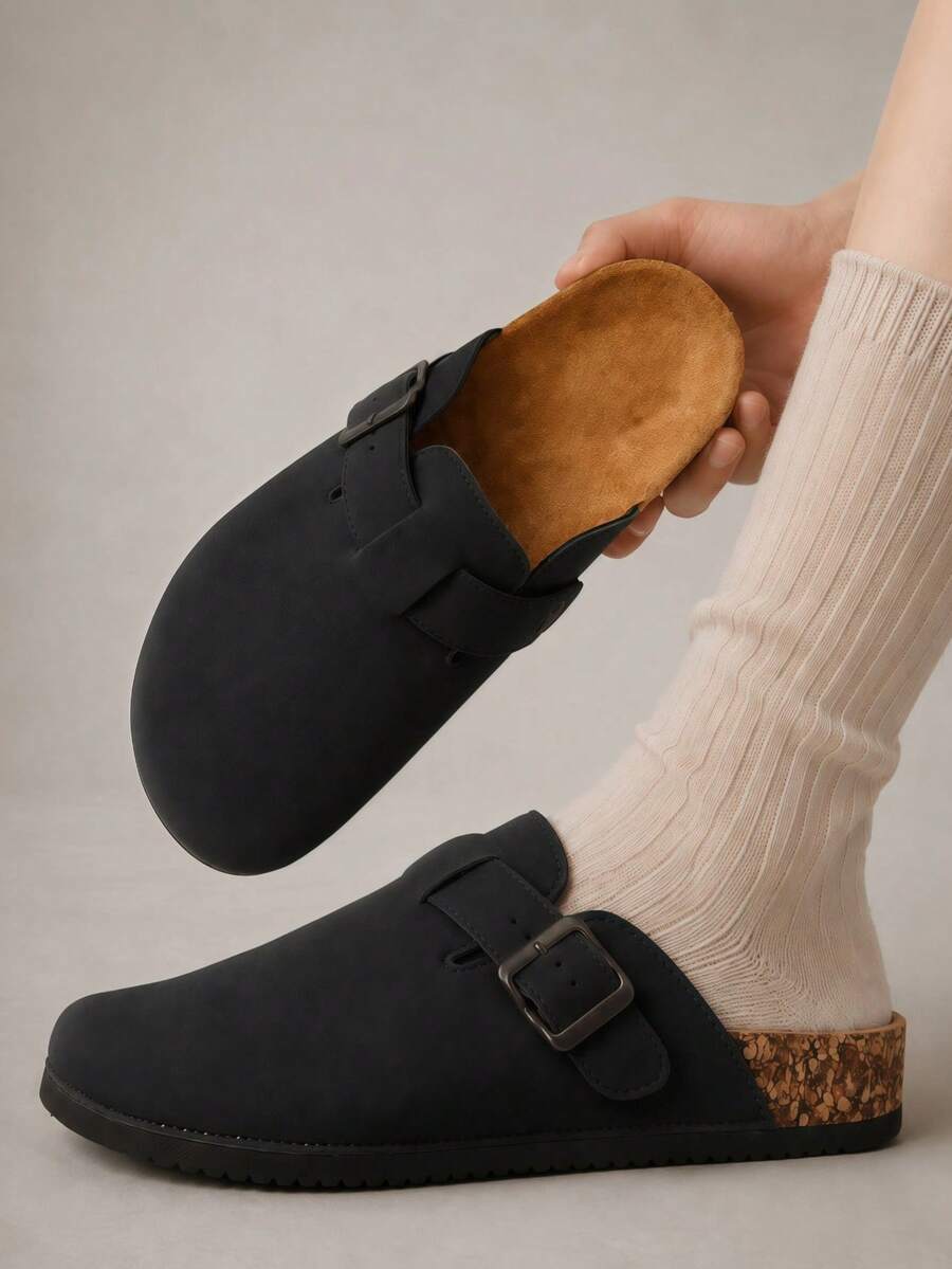 Women's Closed Toe Mule Slippers, Adjustable Strap Flat Sandals, Slip-On Backless Casual Slides, Round Toe Everyday Shoes - Black - View 1