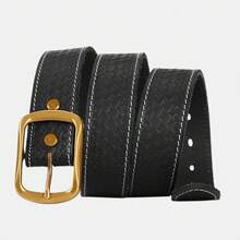 1pc Men's Full Grain Leather Belt With Soft-Edged Rectangular Frame Buckle And Intricate Braided-Texture Embossed Strap Surface - SC048 - View 13