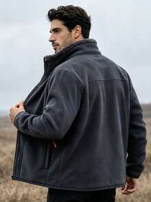 1pc Men's Dark Gray Stand Collar Fleece Jacket, Contrast Zipper Design Thickened Outdoor Hiking Fleece Top, Suitable For Young Men - Dark Grey - View 3