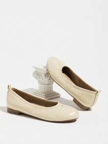 French Pleated Round Toe Ballet Shoes For Women, Soft Leather Low Vamp Slip-On Commuter Gentle Style Shoes - Apricot - View 4