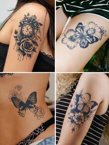 1pc Herbal Juice Semi-Permanent Magic Tattoo Sticker, Vintage Rose Clock Butterfly Pattern, Long-Lasting 14 Days, No Fading, No Reflection, Temporary Tattoo For Arm, Waist, Abdomen, Leg And Body - Blue - View 2