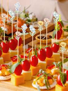 20/50/100pcs Floral Pattern Decorative Bamboo Skewers Set, Long Food Picks For Drinks, Fruits And Appetizers, Wildflower Theme Tabletop Decor, Suitable For Baby Shower, Wedding, Anniversary And Themed Holiday Celebrations - Multicolor - View 3