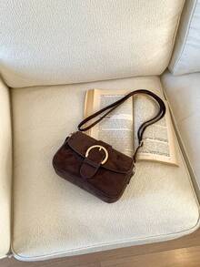 Women's Flap Small Handbag, Fashionable Metal Buckle Decor Square Bag, Shoulder Crossbody Bag - Coffee - View 5