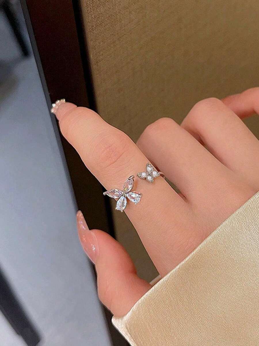 1pc Fashionable Personalized Micro-Inlaid Zirconia Butterfly Ring Open Index Finger Ring (Random Number Of Zirconia Stones) - Silver - View 1