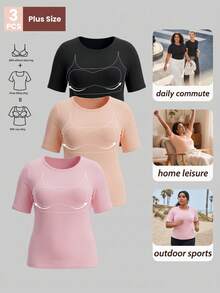3pcs Plus Size Women's Built-In -Shirts, Solid Color Crew Neck Short Sleeve Thick Lining Basic Style, Wireless Bandeau Innerwear - Multicolor - View 8