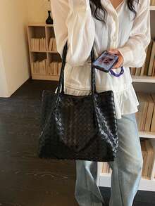 Tas Tote Anyaman Minimalis dengan Tekstur Persegi yang Saling Terkait, Pegangan Panjang Anyaman yang Senada, Badan Tas yang Lembut dan Lentur dengan Kapasitas Besar, Tas Bahu Gaya Vintage untuk Aktivitas Sehari-hari, Belanja, dan Perjalanan, Tas Tangan Bahu Serbaguna - Hitam - View 3