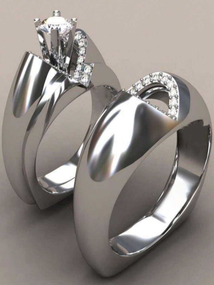 Gmzalx Bright Color Synthetic Zirconia Couple Ring Set, Minimalist Elegant Rings, Romantic Gift For Date Anniversary - Silver - View 1