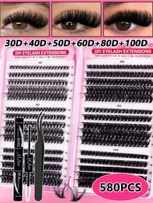 580件 DIY 自黏式假睫毛套組，包含柔軟蓬鬆多種長度（8-16mm）睫毛簇，附贈睫毛膠與鑷子，適合婚禮、節日與日常配戴，萬聖節或聖誕節完美禮物 - 彩色 - 查看 3