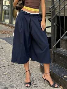 Celana Capri Wanita Model Lebar dari Kain Tenun, Tidak Melar, Celana Lebar Modis, Menciptakan Tampilan Gaya Vintage - Navy Blue - View 6