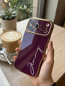 個性化客製化縮寫姓名波浪紋電鍍手機殼，適用於 iPhone 17 18 Pro Max 與 Air，附相機鏡頭保護殼，防震防刮防指紋， 17 18 Pro Max 保護殼，聖誕節、假日與週年紀念的完美禮物 - 酒紅色 - 查看 3