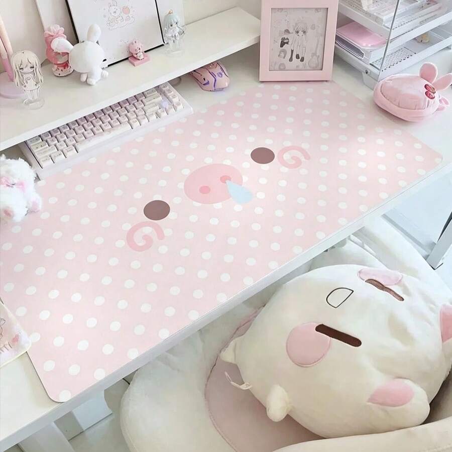 Sweet Pink Dots Pig Pattern PU Leather Desk Pad, Kawaii Large Mouse Mat, Waterproof Anti-Scratch Desk Cover, Lovely Pastel Table Decor For Gaming & Daily Workspace - View 1