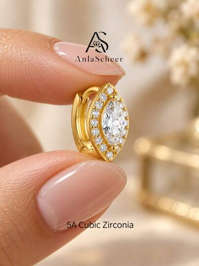 AnlaScheer 1PC Gold Tone 5A Cubic Zirconia Marquise Pave Cartilage Hoop Earring, S925 Sterling Silver Sparkling Jewelry For Women, Daily Party Birthday Gift