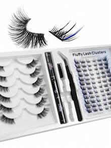 Hinarin 6 Pairs Clear Band Half Lashes And 72 Pcs Colored Cluster Lashes 2 Styles Mixed D Curl Eyelash Extensions Kit With Glue Tweezers Brush DIY Eyelash At Home Natural Wispy Lashes Extension With Makeup Tools - Black - View 8