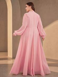 Plus Size Women's Solid Color Elegant Beaded Front Panel Long Sleeve Dress With Ruffle Hem Wedding Pink Spring Party Fall - Pink - View 2