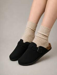 Women's Closed Toe Mule Slippers, Adjustable Strap Flat Sandals, Slip-On Backless Casual Slides, Round Toe Everyday Shoes - Black - View 3